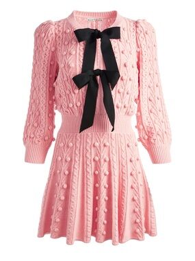 Alice + Olivia Pink Cable-Knit Dress with Black Bow Ties SIZE XS
